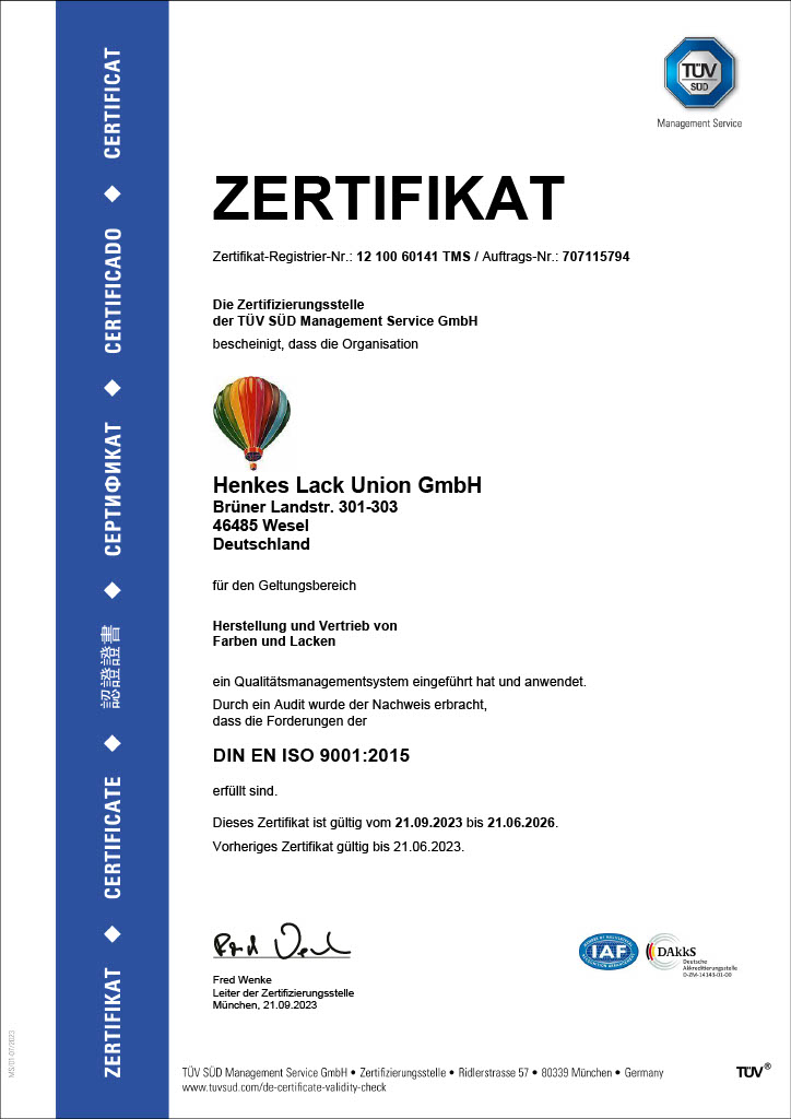 ISO 9001:2005 Zertifikat der Firma: Henkes-Lack-Union GmbH